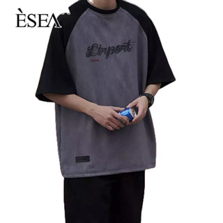 ESEA เสื้อยืดผู้ชาย คอเล็ก สีน้ำตาล คอกลม สีตัดกัน เสื้อยืดคู่รัก อเมริกันเรโทร raglan แขนสั้น