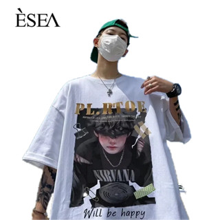 ESEA เสื้อยืดผู้ชายผ้าฝ้ายแท้แฟชั่นพิมพ์ลายเสื้อยืดผู้ชายแนวลำลองแขนสั้น