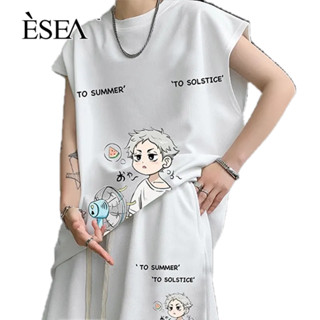 ESEA เสื้อกั๊กกีฬาผู้ชายสีทึบออกกำลังกายทรงหลวมคุณภาพสูงสำหรับบุรุษและสตรีหลวมอินเทรนด์แบรนด์ ins