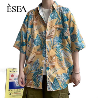 ESEA เสื้อเชิ้ตลําลองผู้ชายพิมพ์ลาย เสื้อเชิ้ตวินเทจ