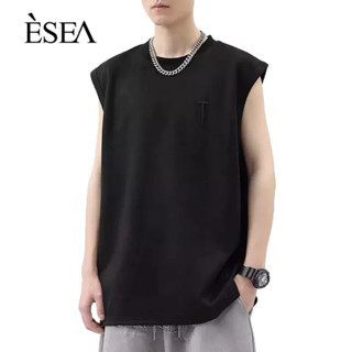 ESEA เสื้อกั๊กกีฬาลําลองของผู้ชายสีทึบหลวมแขนกุดย้อนยุคสไตล์อเมริกัน