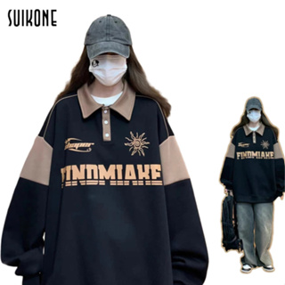 Suikone   เสื้อสเวตเตอร์ผู้ชายแขนยาวอเมริกันย้อนยุคสีตัดกันการออกแบบฤดูใบไม้ผลิและฤดูใบไม้ร่วงเสื้อแขนยาวสไตล์ถนนสามารถสวมใส่ได้ทั้งชายและหญิง