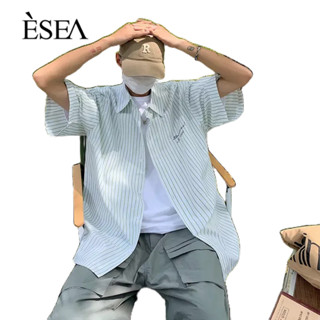 ESEA เสื้อเชิ้ตผู้ชายลายทางสไตล์ฮาราจูกุแฟชั่นลำลองผู้ชายเสื้อเชิ้ตแขนสั้นเรียบง่ายขี้เกียจอเนกประสงค์