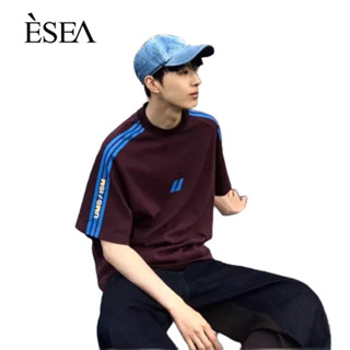 ESEA เสื้อยืดผู้ชาย หลวม และหลากหลาย แฟชั่น เสื้อยืดผู้ชาย แขนสั้น แถบสีตัดกัน ออกแบบลายไหล่