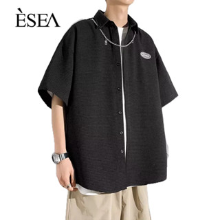 ESEA เสื้อเชิ้ตผู้ชายอารมณ์เรียบง่ายสบาย ๆ เสื้อเชิ้ตผู้ชายหลวม ๆ เทรนด์วรรณกรรมเยาวชนผู้ชายแขนสั้น