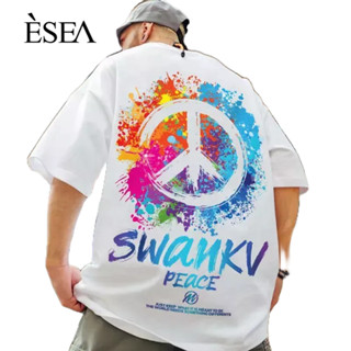 ESEA ผู้ชายสไตล์ฮ่องกงแห่งชาติแนวโน้มฮิปฮอปแขนสั้นเสื้อยืดผู้ชายหลวมขนาดใหญ่คู่สวมครึ่งแขน