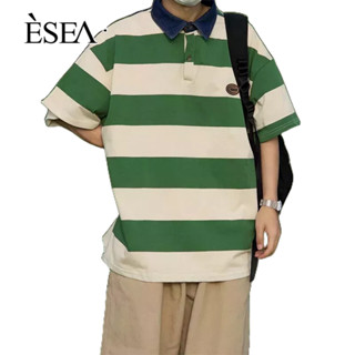 ESEA เสื้อยืดผู้ชายปกลำลองอเนกประสงค์แฟชั่นเสื้อยืดผู้ชายลายหลวมคู่เสื้อโปโล