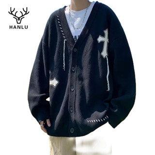 HANLU เสื้อสเวตเตอร์ถัก 2023 ใหม่ฤดูใบไม้ร่วงและฤดูหนาว niche ญี่ปุ่นลมขี้เกียจ Retro เสื้อกันหนาวสีดำผู้ชายและผู้หญิง