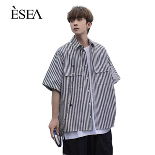 ESEA เสื้อเชิ้ตผู้ชาย เสื้อเชิ้ตผู้ชายลายทางญี่ปุ่น เข้าชุดกัน อินเทรนด์ แฟชั่นแขนสั้น