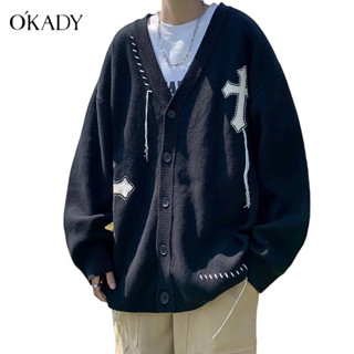 OKADY เสื้อคาร์ดิแกนสีดำดีไซน์ใหม่ฤดูใบไม้ร่วงและฤดูหนาวของญี่ปุ่น