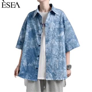 ESEA เสื้อเชิ้ตผู้ชายแฟชั่นญี่ปุ่นลำลองผู้ชายเสื้อเชิ้ตมัดย้อมทรงหลวมสไตล์ฮิปฮอปอินเทรนด์แขนสั้น