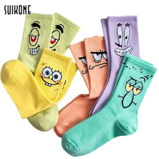 Suikone  ถุงเท้าผู้ชายแฟชั่น Pop SpongeBob SquarePants การ์ตูนพิมพ์ถุงเท้ายาวทั้งชายและหญิงสามารถสวมใส่ได้