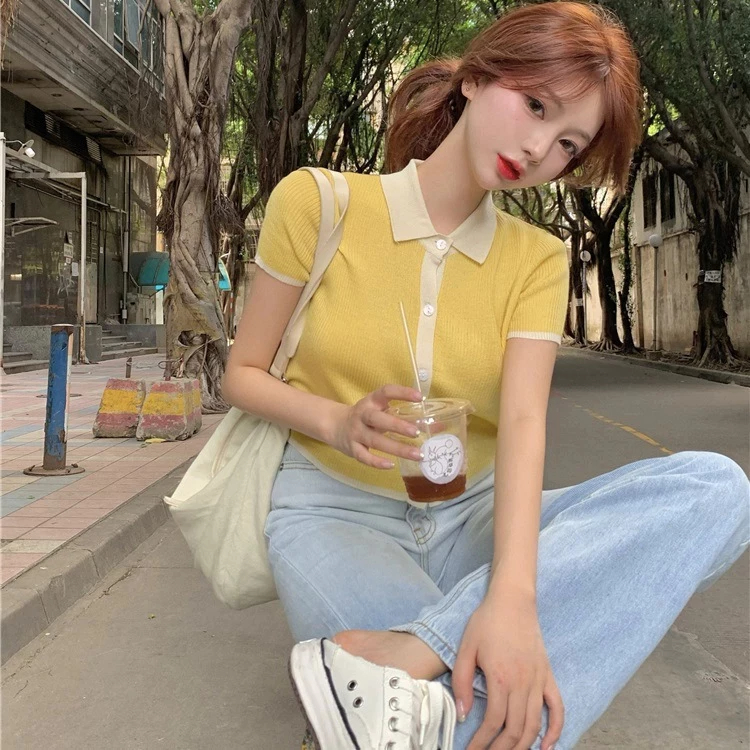 LEILA clothing ที่ถูกสุด สไตล์เกาหลี เสื้อยืดโปโลแขนสั้น POLO เสื้อไหมพรม ผ้านิ่มใส่สบาย ฟรีไซส์ 47048#