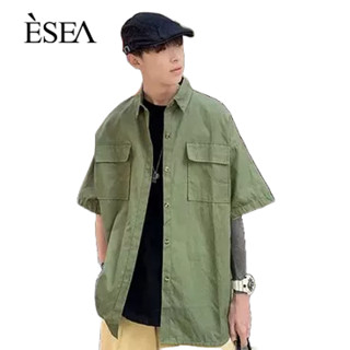 ESEA เสื้อเชิ้ตผู้ชายเทรนด์เสื้อเชิ้ตผู้ชายลำลองอเนกประสงค์สไตล์ญี่ปุ่นหลวมเครื่องมือช่างแขนสั้น