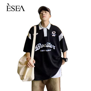 ESEA  เสื้อโปโลผู้ชายแขนสั้นลำลองแฟชั่นอินเทรนเรียบง่ายทุกตัวอักษรเสื้อยืดหลวมน้ำแบรนด์ปกเสื้อโปโล