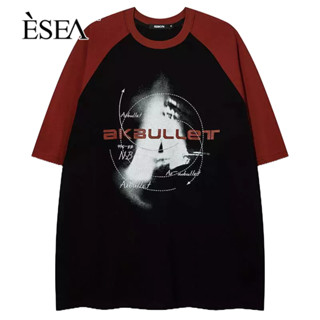 ESEA เสื้อยืดผู้ชายผ้าฝ้ายพิมพ์ลายตัวอักษรหลวมแฟชั่นคู่ชายเสื้อยืดญี่ปุ่นเย็บกราฟฟิตีแขนสั้น