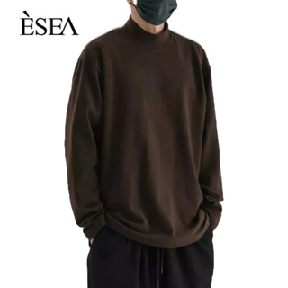 ESEA เสื้อยืดแขนยาวสองด้านผู้ชายครึ่งคอปกหลวมด้านในด้านในเสื้อด้านหลังสีทึบ  การเชื่อมต่อแบบเรียบง่าย