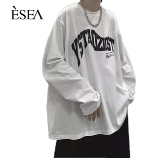 ESEA เสื้อยืดแขนยาวผู้ชายเสื้อหลวมด้านบนสบาย ๆ สบาย ๆ เสื้อยืดเสื้อยืด การเชื่อมต่อแบบเรียบง่าย