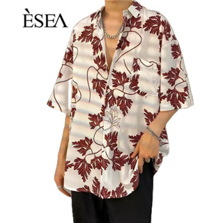 ESEA เสื้อเชิ้ตผู้ชายลายดอกไม้ เสื้อเชิ้ตลำลองหลวม เสื้อเชิ้ตผู้ชายสไตล์ฮาวายพิมพ์แขนสั้นผู้ชาย