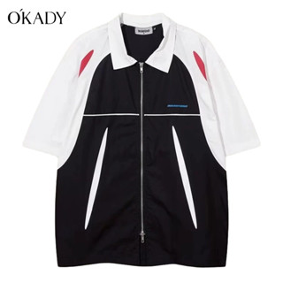 OKADY เสื้อเชิ้ตแขนสั้นเย็บซิปสไตล์อเมริกันรถจักรยานยนต์ เสื้อแจ็คเก็ตคอโปโลผู้ชายฤดูร้อน