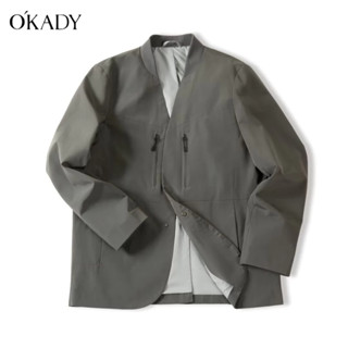 OKADY แฟชั่นสีทึบผู้ชายเสื้อแจ็คเก็ตใหม่เดี่ยวแขนยาวคอปกชุดสูทขนาดเล็ก