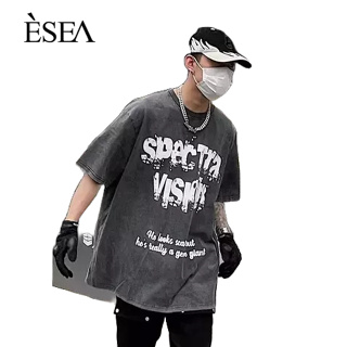 ESEA เสื้อยืดผู้ชายแนวโน้มจดหมายพิมพ์คอกลมเสื้อยืดผู้ชายแฟชั่นหลวมแขนสั้นมาตรฐาน