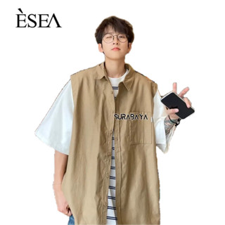 ESEA  เสื้อเชิ้ตผู้ชาย สไตล์ญี่ปุ่น cityboy หล่อ ไฮเอนด์ ไม่เป็นทางการ ปลอม 2 ชิ้น ประกบ บาง หลวม