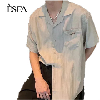 ESEA เสื้อเชิ้ตผู้ชาย ลำลอง แฟชั่น สบาย เสื้อเชิ้ตผู้ชาย เทรนด์ปก หลวม ผู้ชาย แขนสั้น