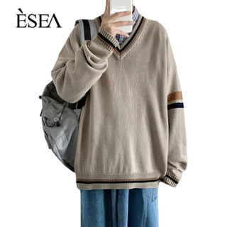 ESEA เสื้อกันหนาวผู้ชายฤดูใบไม้ผลิและฤดูใบไม้ร่วงบล็อกสีคอวียอดนิยมญี่ปุ่นทอดถนนที่เรียบง่ายรุ่นเกาหลีแบรนด์แฟชั่น INS ถักเสื้อกันหนาวแฟชั่นผู้ชาย