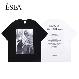 ESEA ผู้ชายอเมริกันเสื้อยืดคอกลมตัวอักษรพิมพ์ลายหลวมแขนสั้นผู้ชาย