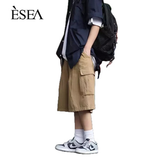 ESEA กางเกงขาสั้นผู้ชาย สีทึบ เทรนด์ ลำลอง แฟชั่นหลวม กางเกงขาสั้นผู้ชาย