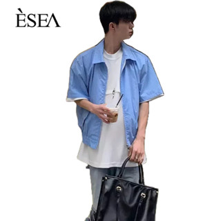 ESEA เสื้อเชิ้ตผู้ชายอารมณ์เรียบง่ายอินเทรนด์คอสี่เหลี่ยมแขนสั้นศิลปะแฟชั่นใหม่เสื้อเชิ้ตผู้ชายอเนกประสงค์