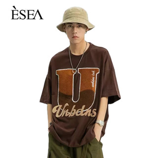 ESEA เสื้อยืดผู้ชายหลวมสบาย ๆ รอบคอแฟชั่นพิมพ์เสื้อยืดผู้ชายอเมริกันย้อนยุคคู่แขนสั้น