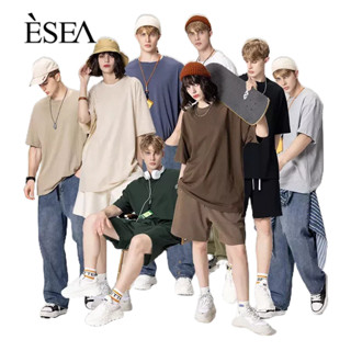 ESEA เสื้อยืดผู้ชายชุดลำลองแฟชั่นกีฬาเสื้อยืดผู้ชายสีทึบสไตล์อเมริกันหลวมอินเทรนด์แขนสั้น