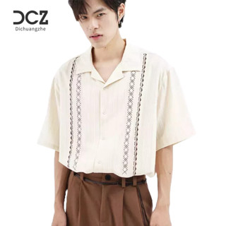 DICHUANGZHE เสื้อผู้ชายอเมริกันถนนสูงปักลายเสื้อผู้ชายสไตล์ฮ่องกงฮาวายแขนสั้นผู้ชาย