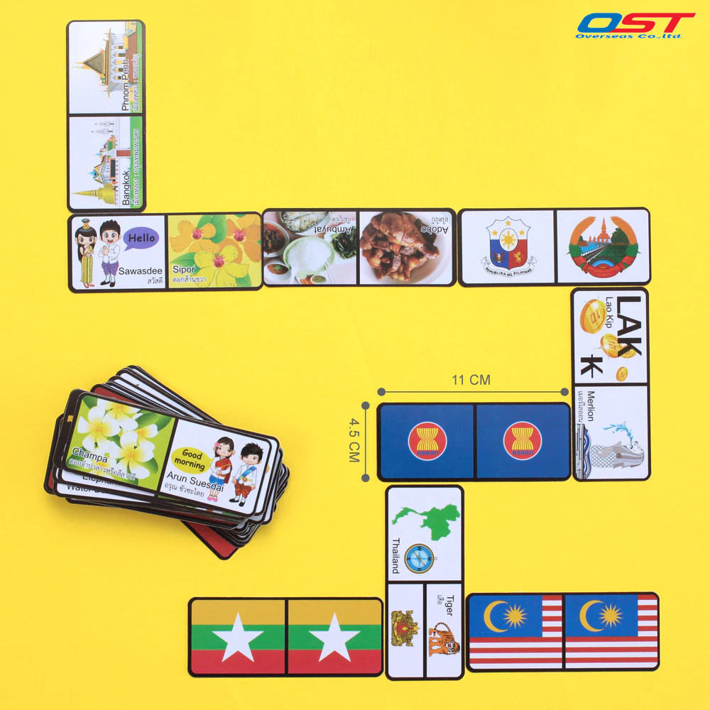 เกมโดมิโน ชุด ท่องอาเซียน (ASEAN DOMINO) บัตรพลาสติก ขนาด 4.5x11 ซม. กล่อง 56 แผ่น / ET-525