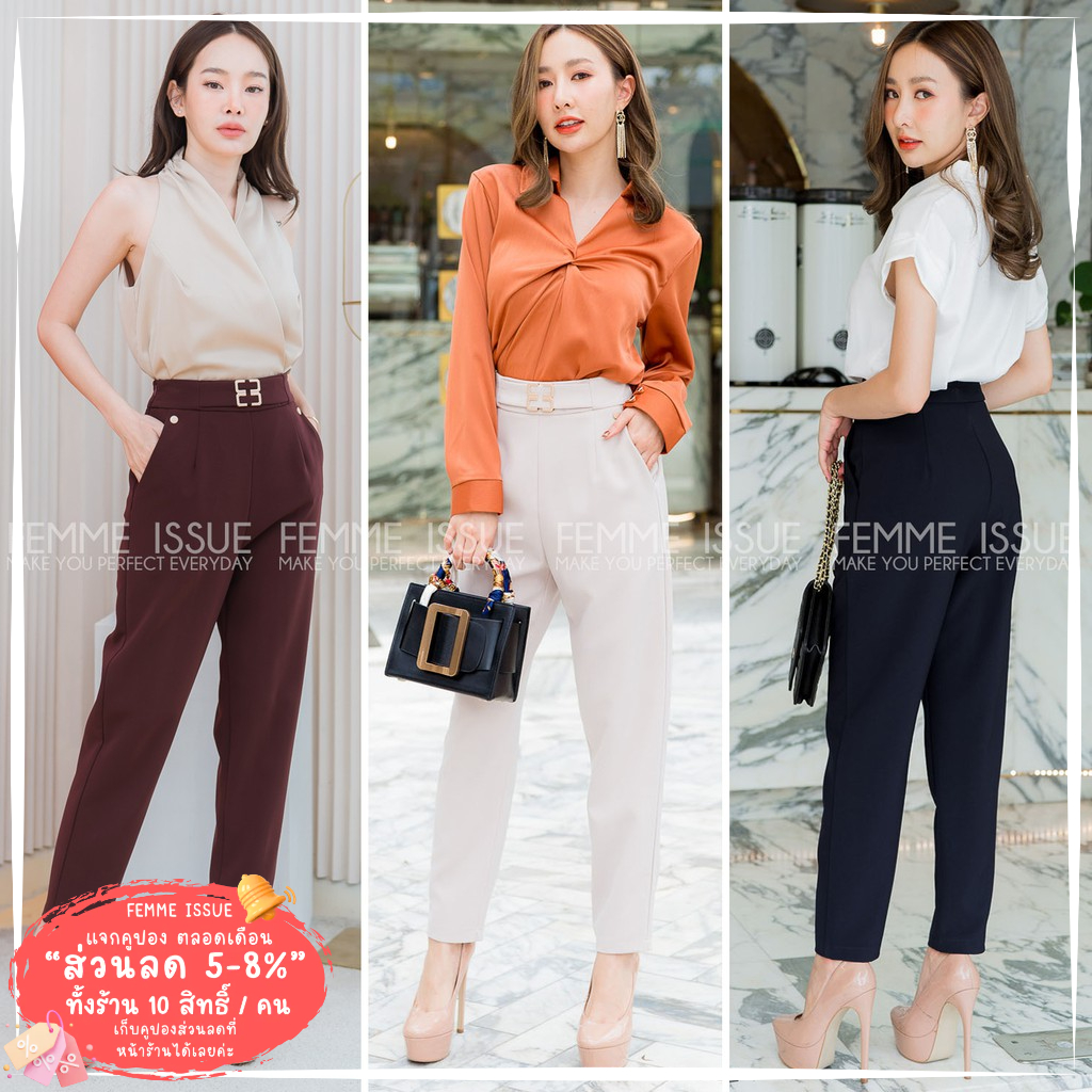 FEMME ISSUE ⭐️กางเกงขาเดฟ9ส่วนสไตล์ทำงาน ลำลอง เกรดพรีเมียม แต่งอะไหล่อย่างดี #18613⭐️  สินค้าขายดี