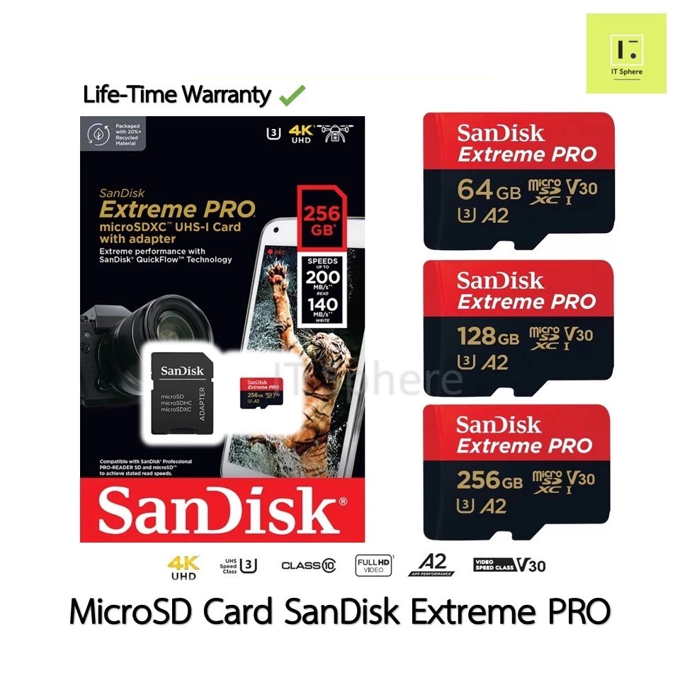 [ศูนย์ไทย] SanDisk Extreme Pro MicroSDXC A2 U3 V30 64GB 128GB 256GB 4K SDSQXCD memory MicroSD Micro Card SD กล้องวงจรปิด