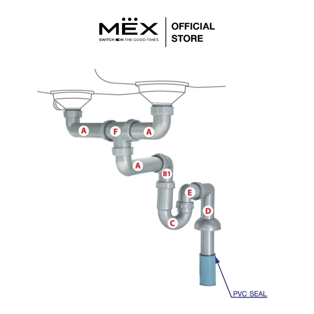 MEX รุ่น P52PP ท่อน้ำทิ้งอ่างล้างจาน พร้อมข้องอกันกลิ่น ชนิด 2 หลุม ( 3.5 นิ้ว )