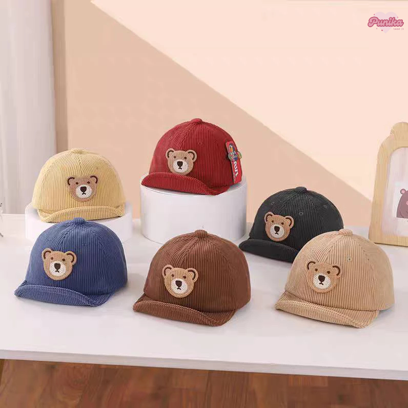 [พร้อมส่ง] หมวกเด็ก 3เดือน - 2ปี รอบหัว:46-48 cm. หมวกแก๊ป ผ้าลูกฟูก ติดไหมพรมถักหน้าหมี