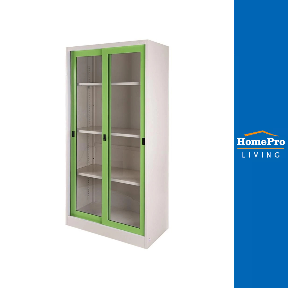 [จัดส่งพร้อมประกอบ] HomePro ตู้เหล็กสูงบานเลื่อนกระจก SGD-18 สีเขียว แบรนด์ KIOSK