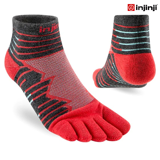 INJINJI ถุงเท้าวิ่ง แยกนิ้ว วิ่งอัลตร้า ULTRA RUN MIDWEIGHT NO-SHOW COOLMAX LAVA ข้อเท้า สีแดง ของแท้