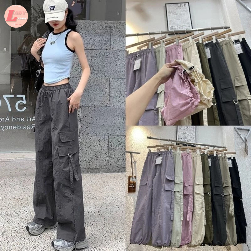 LADY_JEANS(📌ผ้าร่ม)#2327(K)(พร้อมส่ง)กางเกงขายาว คาร์โก้ ผ้าร่มทรงสวย กระเป๋าข้าง เก็บสะโพก ผู้หญิงพร