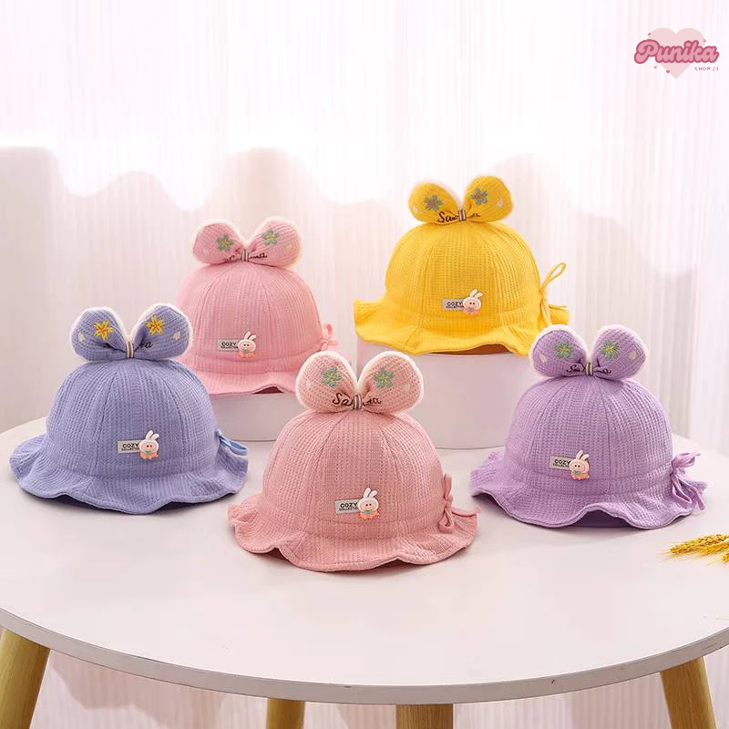 [พร้อมส่ง] หมวกเด็ก 2เดือน-18เดือน รอบหัว:46-48 cm. หมวกปีกรอบเด็กผู้หญิง ติดตุ๊กตากระต่าย ด้านบนแต่งโบว์