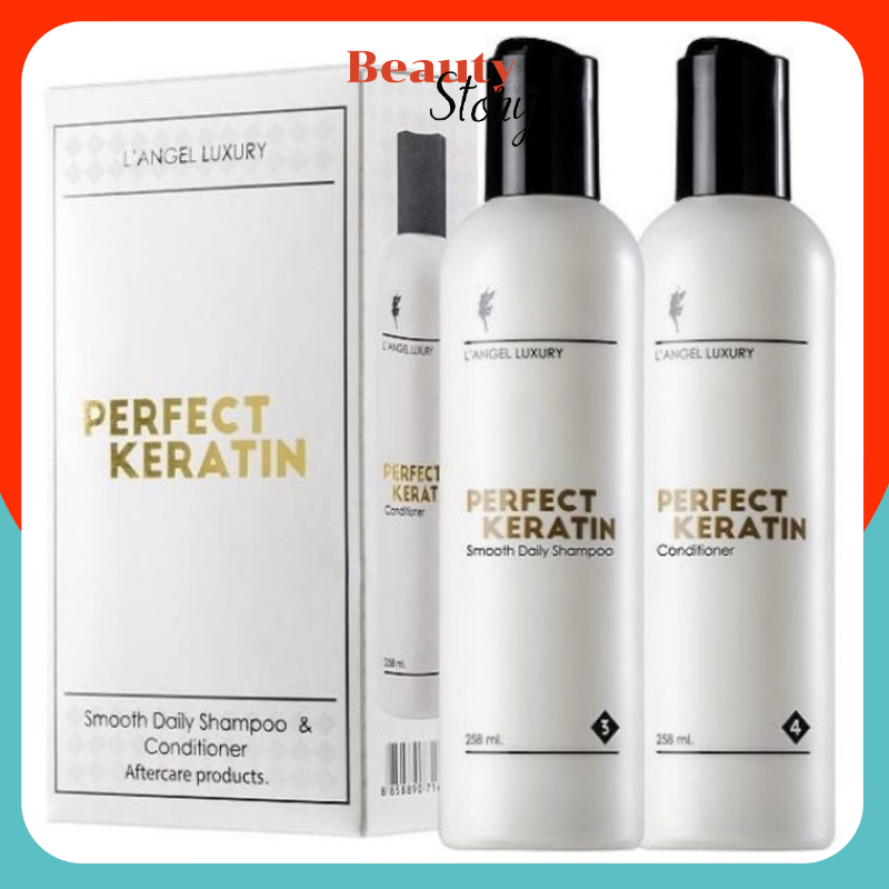 🏁L'ANGEL Perfect Keratin กล่องขาว* เพอร์เฟ็ค เคราติน แอลแองเจล (แชมพู +ทรีนเม้นท์) langel บำรุงผม เงางาม มีน้ำหนัก ผมตรง