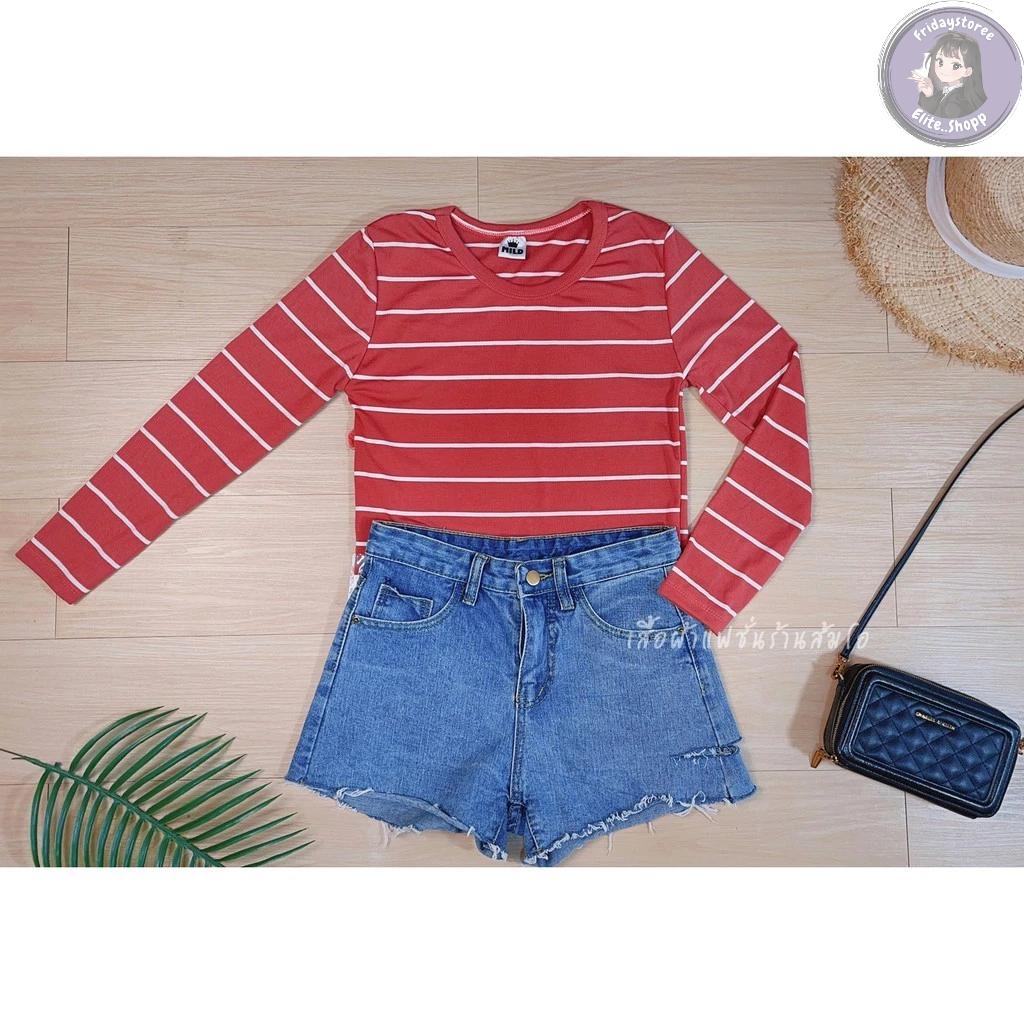 เสื้อยืดคอกลมแขนยาวลายริ้ว 🚚 ขายดีสุด (พร้อมส่งในไทย)