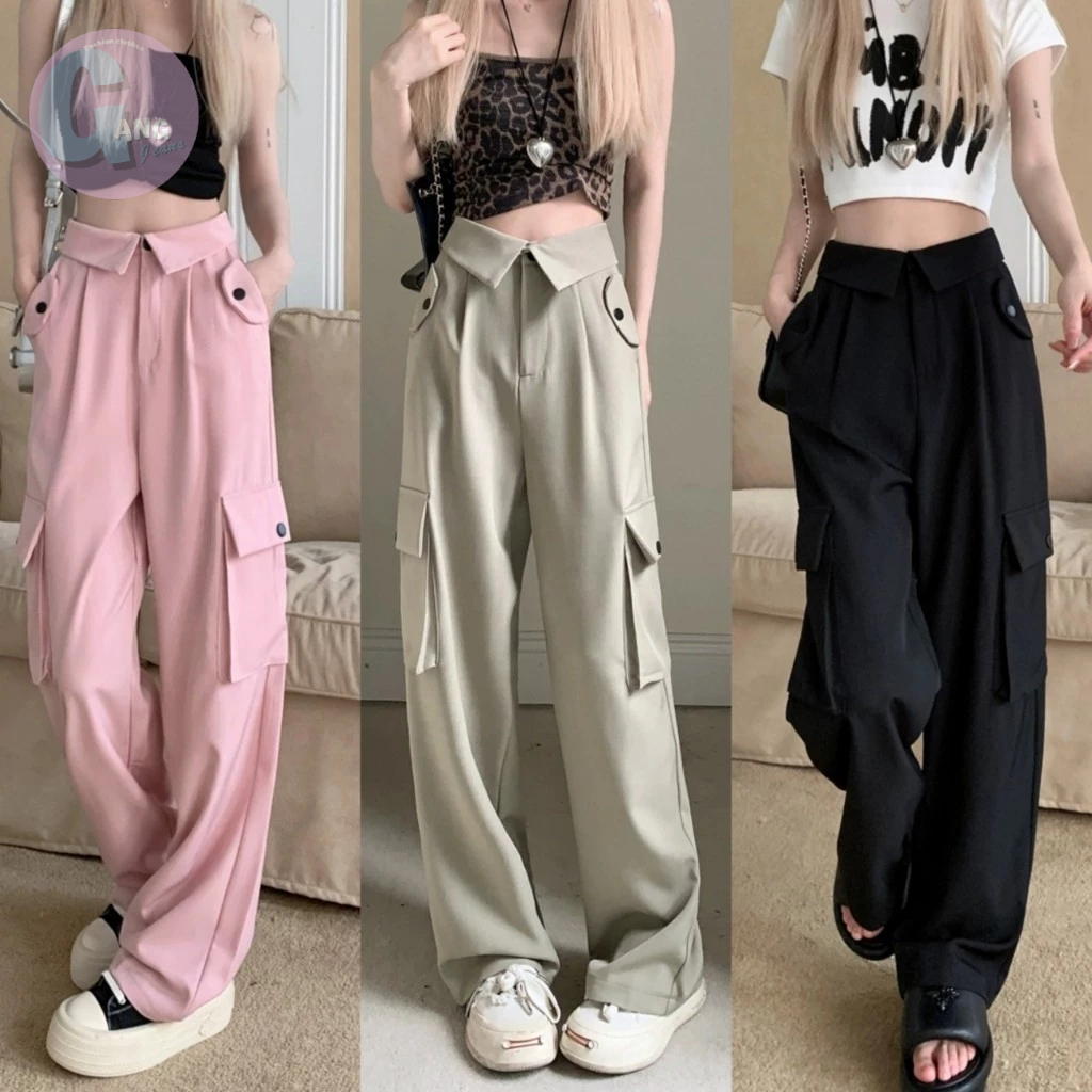 Gang_jeans #7659(A)(พร้อมส่งครบสี)กางเกงขายาวคาร์โก้ พับเอว เอวสูง ทรงสวยมาก เก็บสะโพก ใส่แล้วขายาว