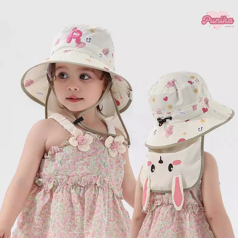 [พร้อมส่ง] หมวกเด็ก 1ปี - 5ปี รอบหัว:50-52 cm. หมวกปีกรอบกันแดดปิดคอ พิมพ์ลายกระต่าย 🐰 ปักฟอนต์ R หมวกแฟชั่นเด็กผู้หญิง