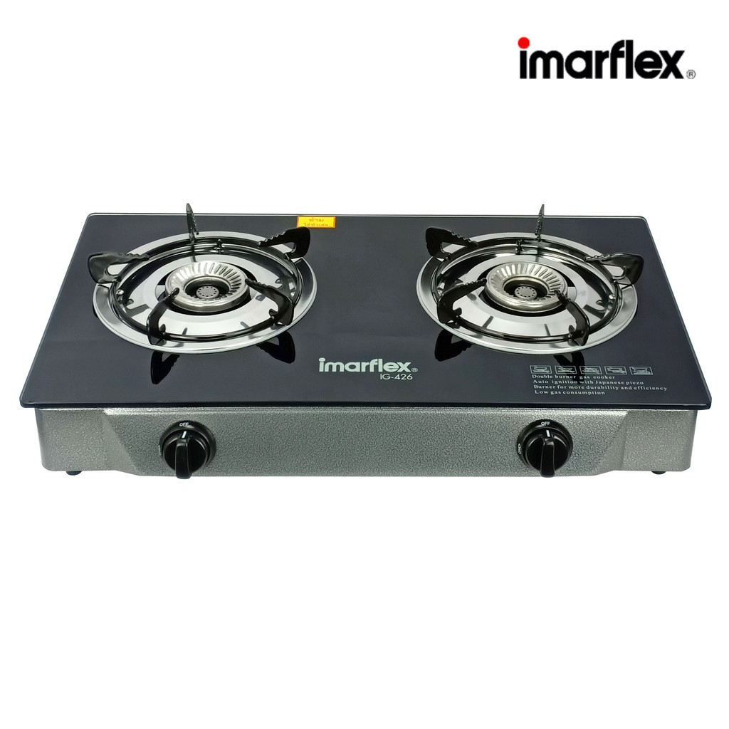 IMARFLEX_2 เตาแก๊ส หัวคู่ หน้ากระจก หัวแสตนเลส IG-426 ราคา ถูกที่สุด ดีลบีเคเค แกลเลอรีภาพที่ 2