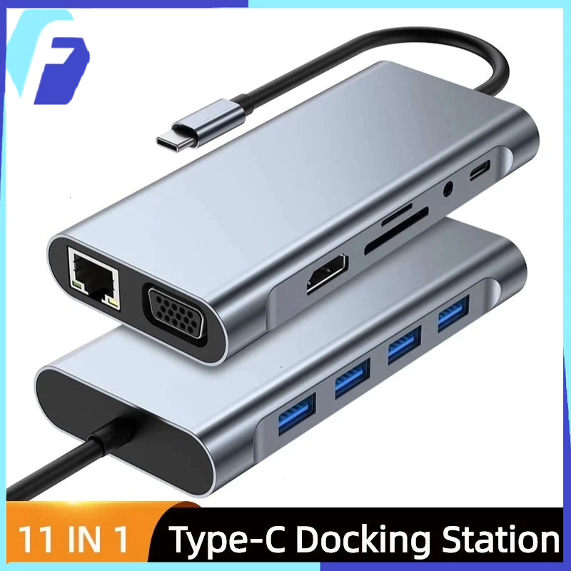11-in-1 USB C HUB 3.0 Type-C Docking Station Splitter ถึง 4K HDMI VGA RJ45 Ethernet SD/TF Card Reader USB 3.0 87W PD ชาร